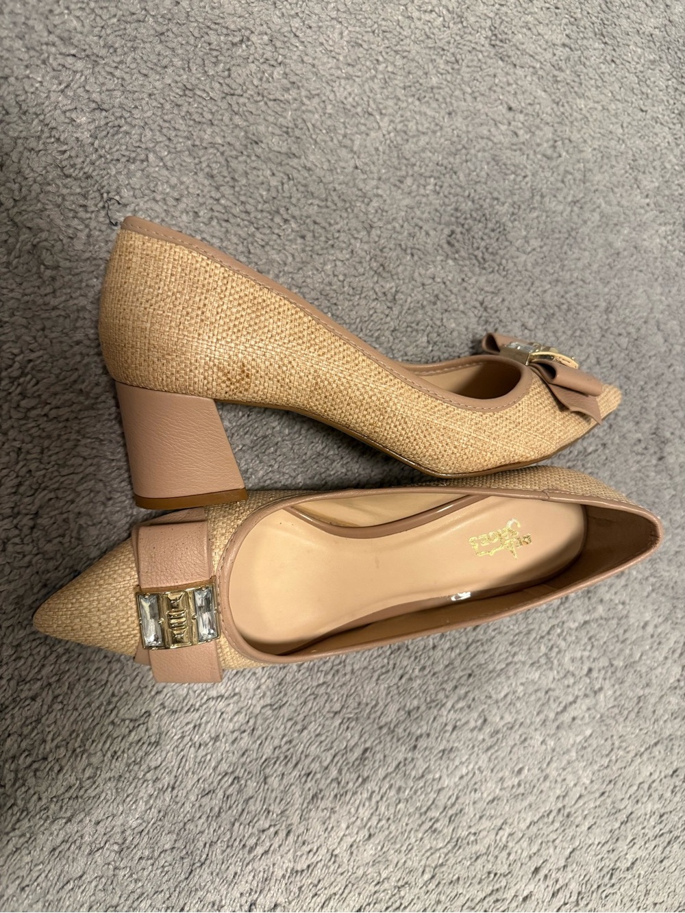 Woven Pointed-Toe Mid Heel Pumps in Tan with Crystal Buckle